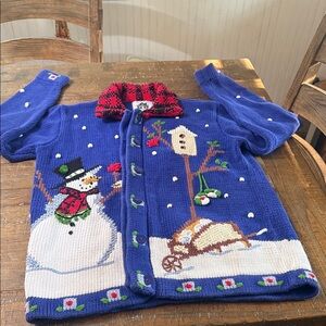 Vintage Storybook Knits Red and Blue Patterned Snowman, CardinalKnit Cardigan